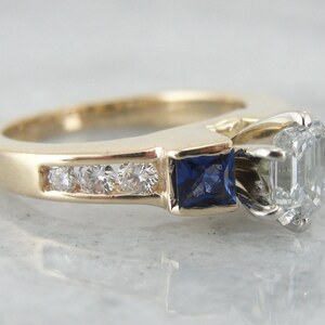 Yellow Gold Diamond and Sapphire Ring, Square and Round Cut Engagement Ring TF98F2-P image 2