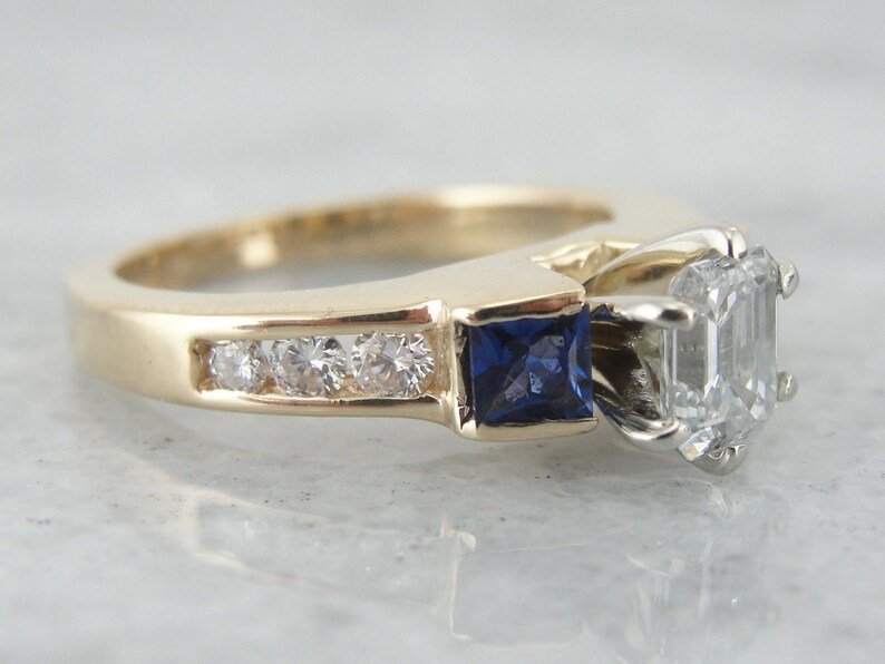 Yellow Gold Diamond and Sapphire Ring, Square and Round Cut Engagement Ring TF98F2-P image 2