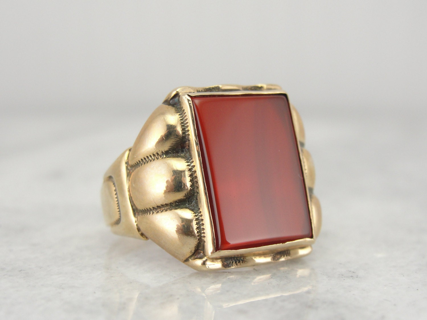 Retro Era Mens Ring With Bright Red Carnelian Gem Center