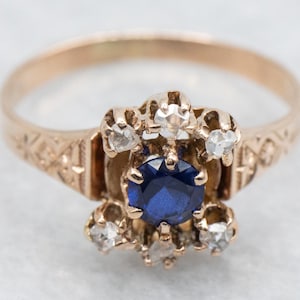 Anello vittoriano con zaffiro e diamanti taglio rosa, anello antico con zaffiro, anello vittoriano in oro rosa con zaffiro, anello di fidanzamento con zaffiro A27829