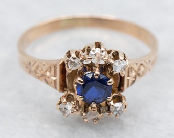 Victorian 14K Rose Gold Sapphire Ring, Rose Cut Diamond Halo