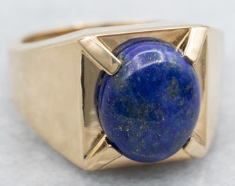 Yellow Gold Lapis Solitaire Ring, Lapis Ring, Gold Lapis Ring, Yellow Gold Ring, Statement Ring, Cocktail Ring, Right Hand Ring A42429