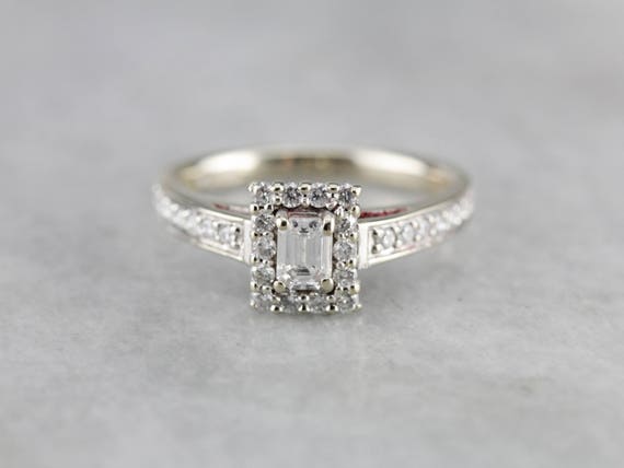 14K White Gold Emerald Cut Diamond Halo Engagement Ring