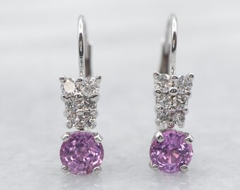 Pink Sapphire and Diamond Drop Earrings, White Gold Sapphire Drop Earrings, Anniversary Gift, Bridal Jewelry, Birthday Gift A29747