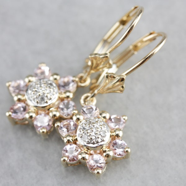 Morganite and Diamond Drop Earrings, Yellow Gold Drop Earrings, Dangle Earrings, Bridal Jewelry, Anniversary Gift QXNKK5JN