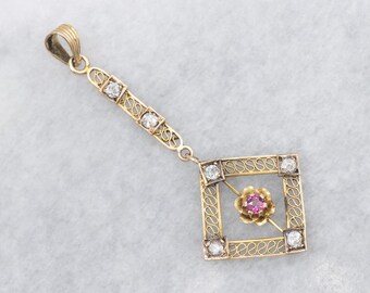 Art Nouveau 14K Gold Ruby Diamond Lavalier Pendant