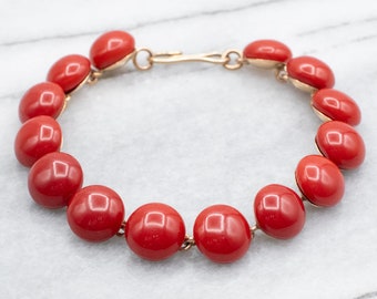 Vintage 14K Yellow Gold Coral Cabochon Bracelet, 7 Inches