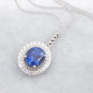 Sapphire and Diamond Necklace, Halo Pendant Necklace, Sapphire Necklace, White Gold Sapphire Necklace, Gifts for Her, Bridal Jewelry A58741