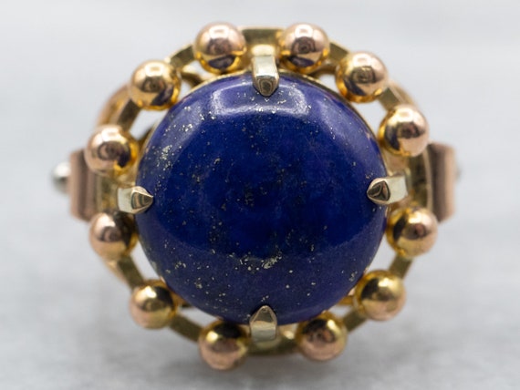 Yellow Gold Round Cut Lapis Solitaire Ring with B… - image 1