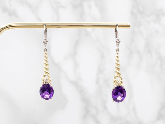 Two Tone Amethyst Twisted Drop Earrings with Diam… - image 3