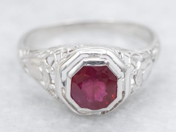 Art Deco 18K White Gold Ruby Solitaire Ring, Anti… - image 1