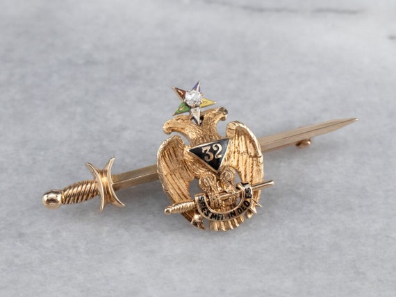 Antique Old Mine Cut Diamond and Gold Masonic Pin… - image 1