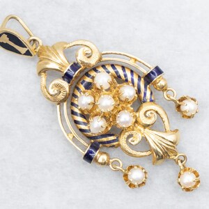 Colgante de perla y esmalte azul de estilo victoriano, colgante de perla, colgante de perla y esmalte, colgante de perla dorada, colgante de oro amarillo A55649