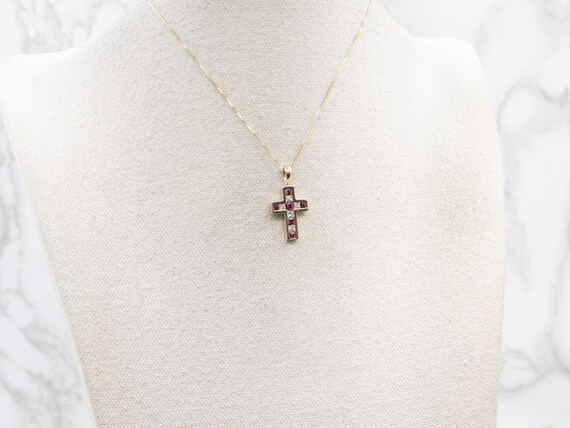 14K Yellow Gold Ruby and Diamond Cross Pendant - image 5