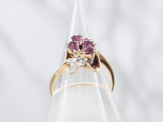 Vintage 14K Gold Ruby and Diamond Floral Cluster … - image 3