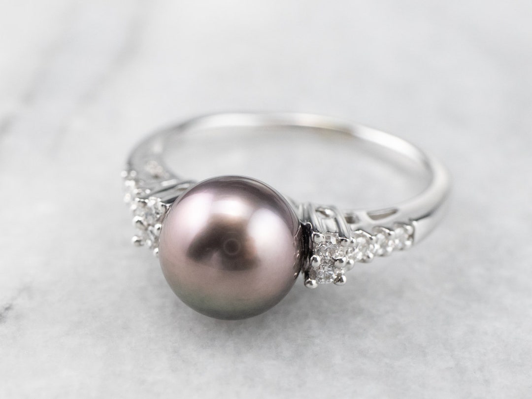 Black Pearl and Diamond Ring, White Gold Pearl Ring, Right Hand Ring