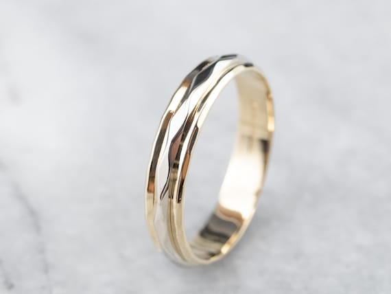 Unisex 14K Gold Faceted Band, Art Carved Wedding Band, Two