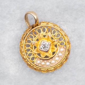 Old Mine Cut Diamond and Seed Pearl Pendant, Yellow Gold Pendant, Old Mine Cut Diamond, Diamond Pendant, Diamond and Seed Pearl A41706