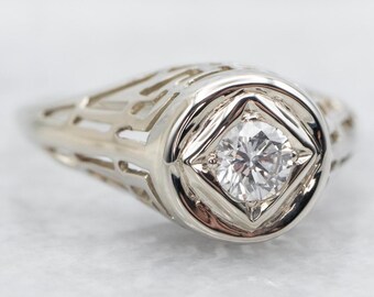 Art Deco 14K White Gold Diamond Solitaire Engagement Ring