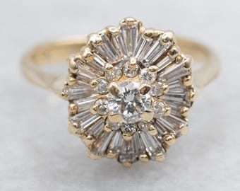 14K Yellow Gold Diamond Halo Engagement Ring, Starburst Cluster