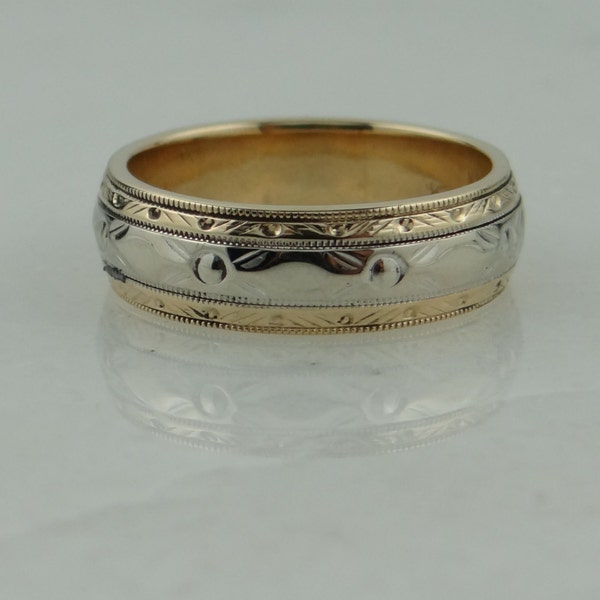 14K Yellow and White Gold Deocrative Wedding Band, Vintage XH8D9H