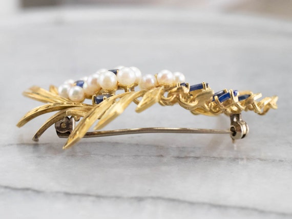 Vintage Gold Marquise Sapphire and Pearl Brooch, … - image 8