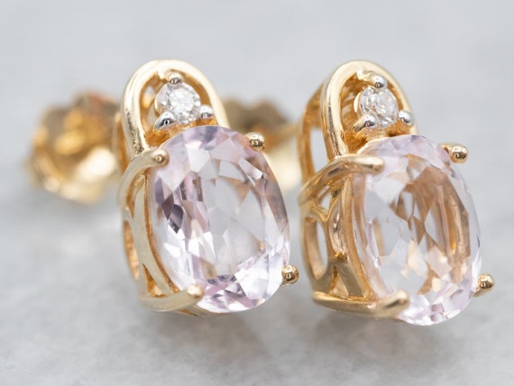Yellow Gold Kunzite Stud Earrings with Diamond Ac… - image 1