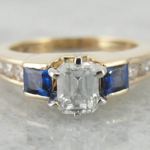 Yellow Gold Diamond and Sapphire Ring, Square and Round Cut Engagement Ring TF98F2-P image 1