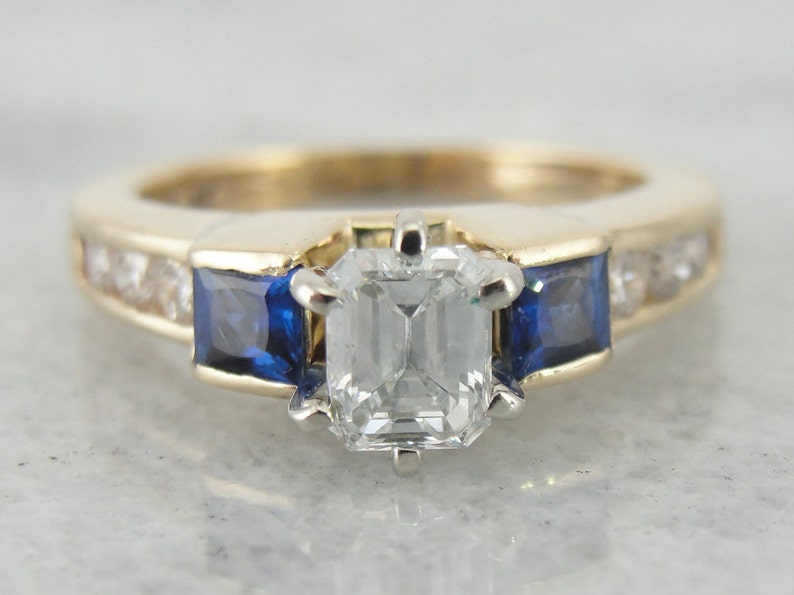 Yellow Gold Diamond and Sapphire Ring, Square and Round Cut Engagement Ring TF98F2-P image 1