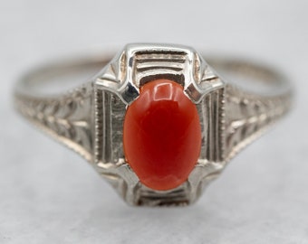 Art Deco Carnelian Solitaire Ring, White Gold Carnelian Ring, Antique Cabochon Ring, Orange Stone, Estate Jewelry, Gifts for Her A27844