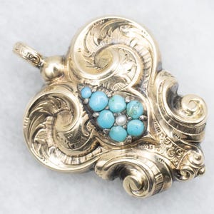 Victorian Turquoise and Seed Pearl Brooch Pendant, Turquoise Necklace, Antique Cabochon Brooch, Antique Gold Pendant, Estate Jewelry A60942