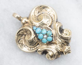 Victorian 10K Gold Turquoise Seed Pearl Brooch Pendant