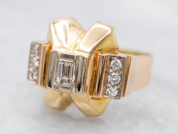 Vintage Diamond Tank Ring, Two Tone Gold Diamond … - image 1
