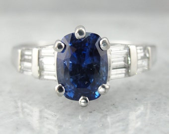 Ceylon Sapphire Platinum Engagement Ring, Baguette Diamond Accents