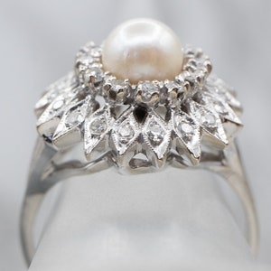 White Pearl Diamond Cluster Ring, White Gold Pearl Ring, Pearl Halo Ring, Pearl Cocktail Ring, Anniversary Gift, Pearl Jewelry A13711 image 4