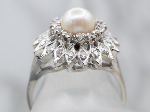 White Pearl Diamond Cluster Ring, White Gold Pear… - image 4