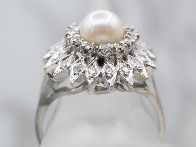 White Pearl Diamond Cluster Ring, White Gold Pearl Ring, Pearl Halo Ring, Pearl Cocktail Ring, Anniversary Gift, Pearl Jewelry A13711 image 4