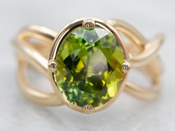 Yellow Gold Green Tourmaline Solitaire Ring, Yello