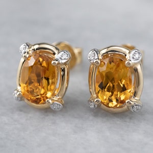 Citrine and Diamond Stud Earrings, Oval Citrine Stud Earrings, Yellow Gold Earrings, November Birthstone, Gemstone Stud Earrings JLNTVRXH image 3