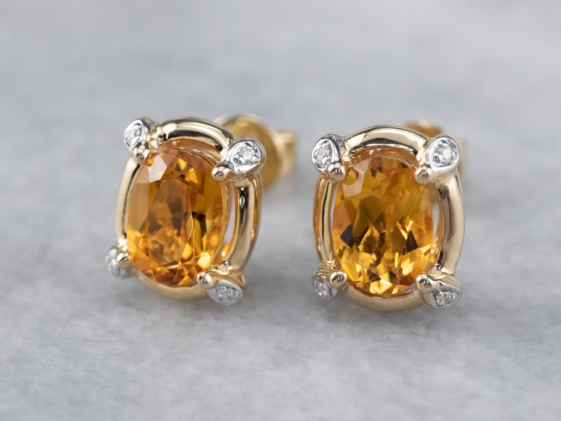 Citrine and Diamond Stud Earrings, Oval Citrine Stud Earrings, Yellow Gold Earrings, November Birthstone, Gemstone Stud Earrings JLNTVRXH image 3