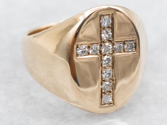14K Yellow Gold Diamond Cross Ring, Unisex Statem… - image 2