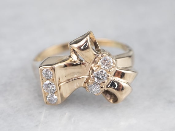 Gold Bow Diamond Ring, Retro Era Diamond Bow Ring… - image 1