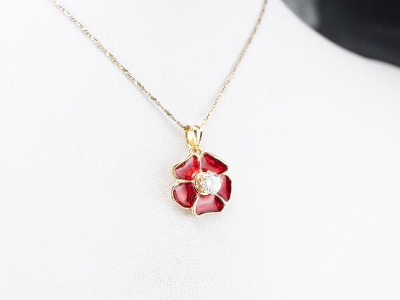 Diamond Poppy Flower Pendant, Gold and Enamel Pen… - image 8