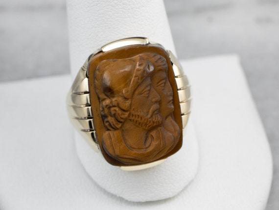 Men's Tiger's Eye Cameo Gold Ring, 1930's Vintage… - image 7