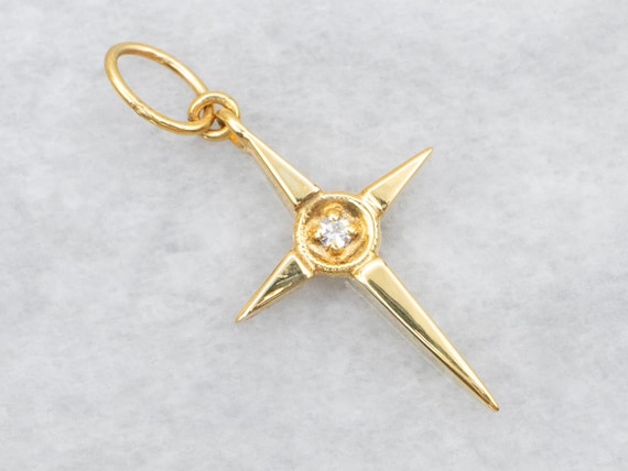14K Yellow Gold Pointed Cross Pendant with Diamond - image 1