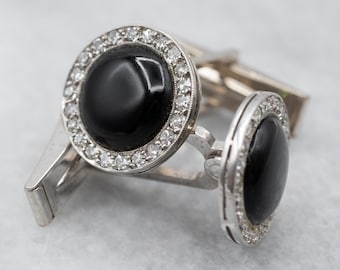 Vintage 14K White Gold Black Onyx Diamond Cufflinks