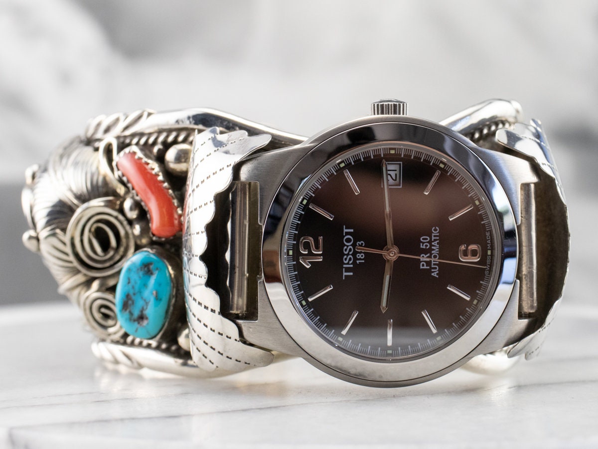 ヴィンテージ ティソ ウォッチ カフ、ナバホ コーラル ターコイズ