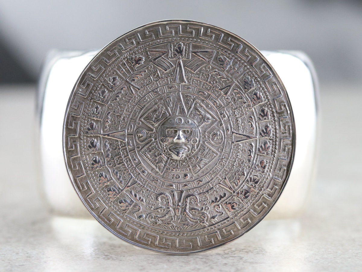 Large Aztec Calendar Cuff Bracelet Mexican Sterling Silver Etsy