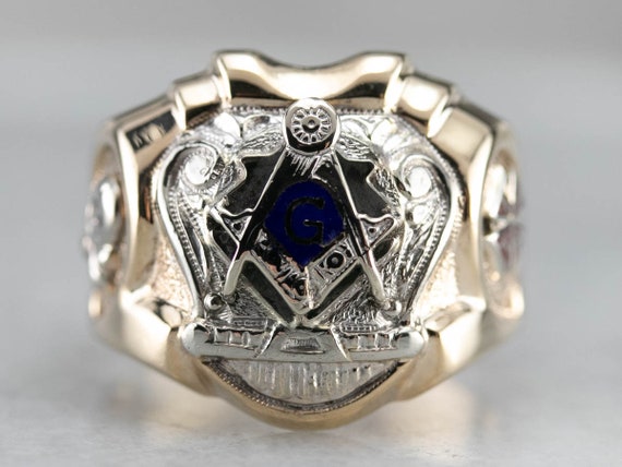 Men's Robust Two Toned Masonic Ring, Vintage Maso… - image 3