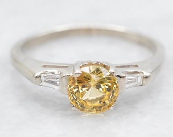 Gele saffier diamanten verlovingsring jaren 1950, 14 kt witgoud